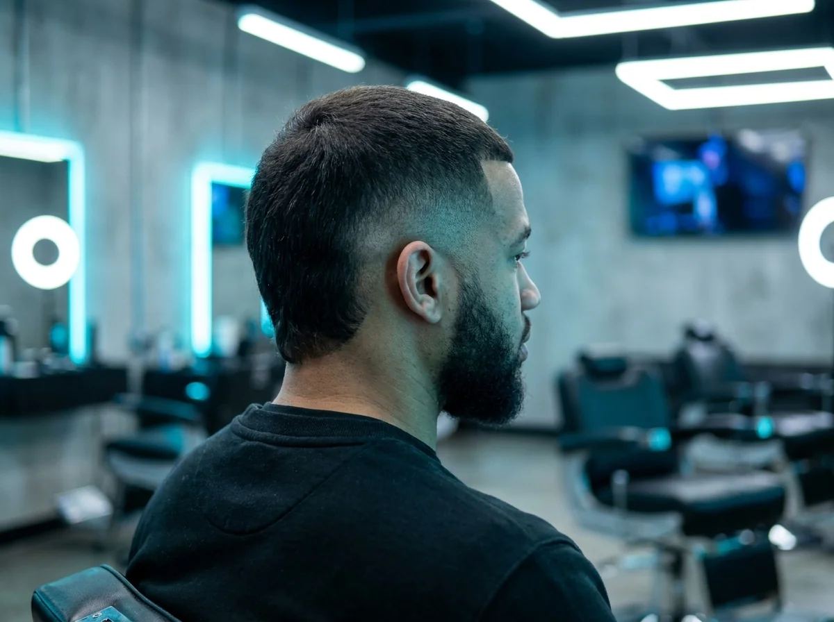 Vue trois-quarts arrière d'un homme avec un mulet moderne, côtés en skin fade bas et nuque tombant légèrement sous le col, fond de salon neutre